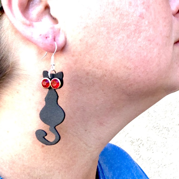 Cat Earrings Vegan Leather Rhinestone Black NEW - Picture 6 of 6